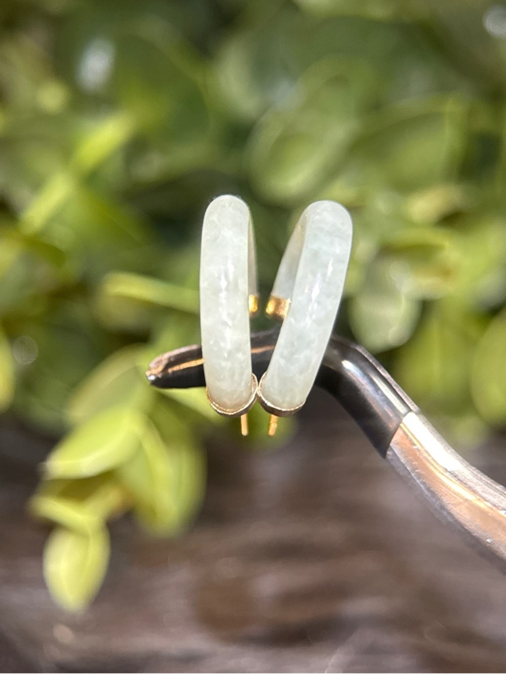 Small 14K Gold Trim Jade Green Hoop Stud Earrings - Picture 2 of 7